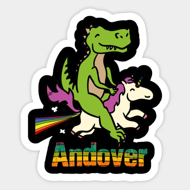 Andover TShirt Gift Dinosaur riding Unicorn T Rex Kids Boy Girl Teen Baby Cute Funny Rainbow Cool Sticker by Argosy